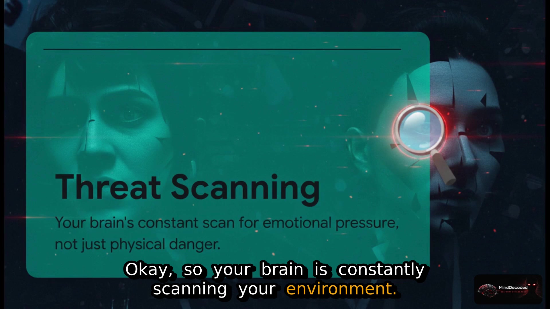 A MindDecoded frame defining threat scanning as monitoring for emotional pressure