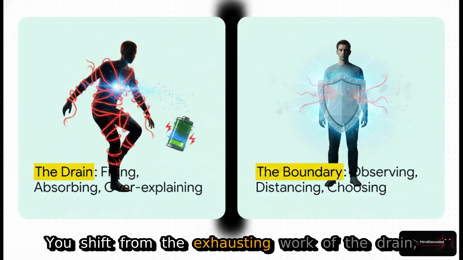 A MindDecoded frame contrasting emotional absorption with observing and choosing boundaries