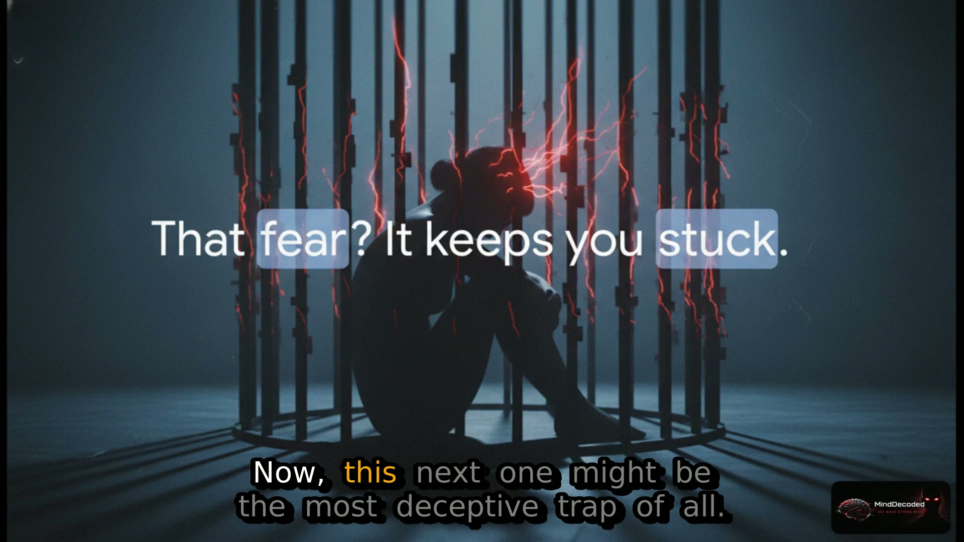 A MindDecoded frame showing a person trapped by fear and the words That fear keeps you stuck