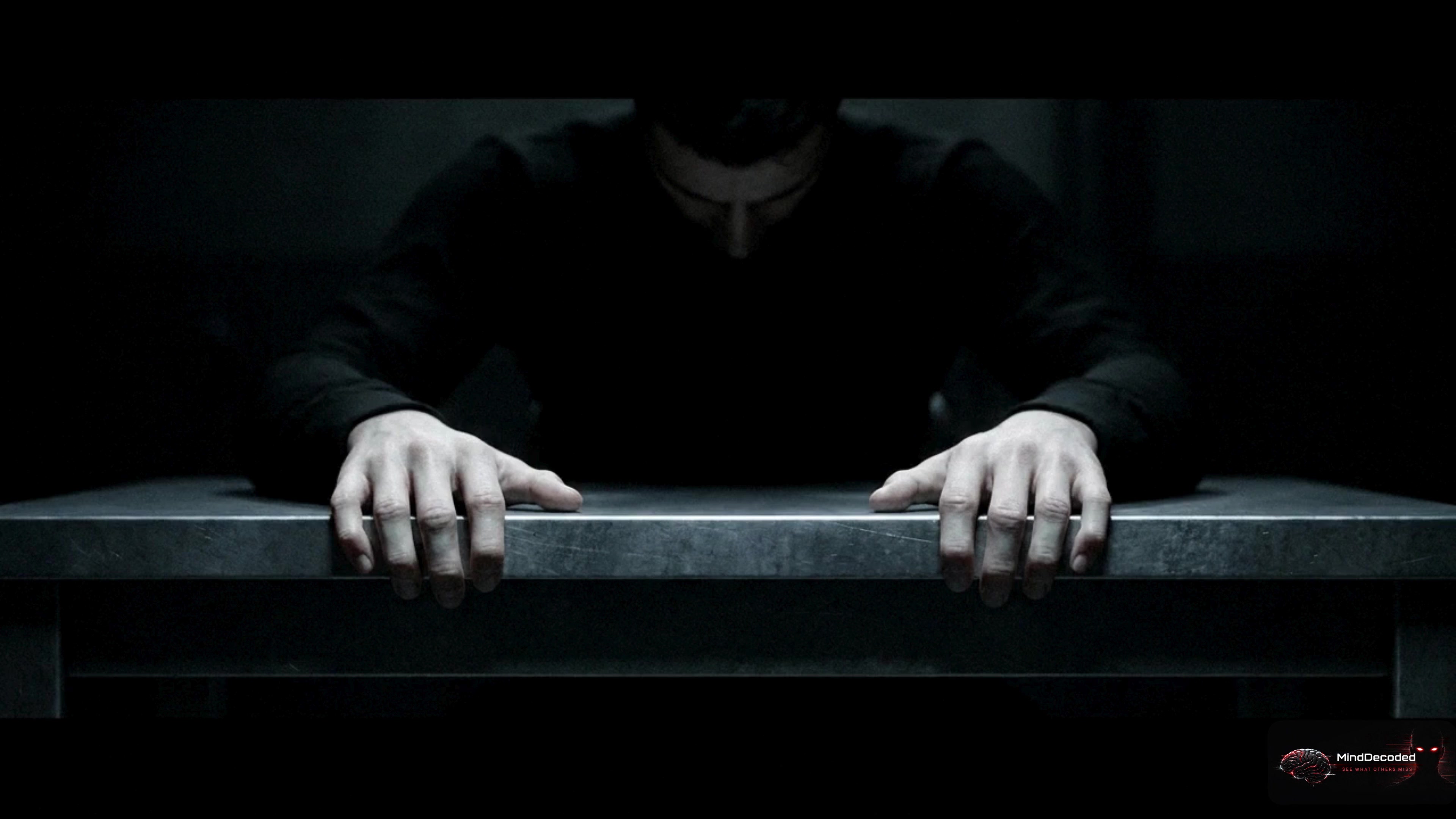 A person gripping a metal barrier in a dark scene from the MindDecoded trauma bond video